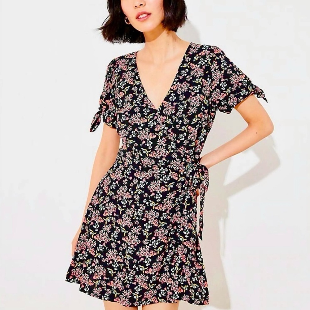 LOFT Black Mini Wrap Dress Romper Pink Floral Print
